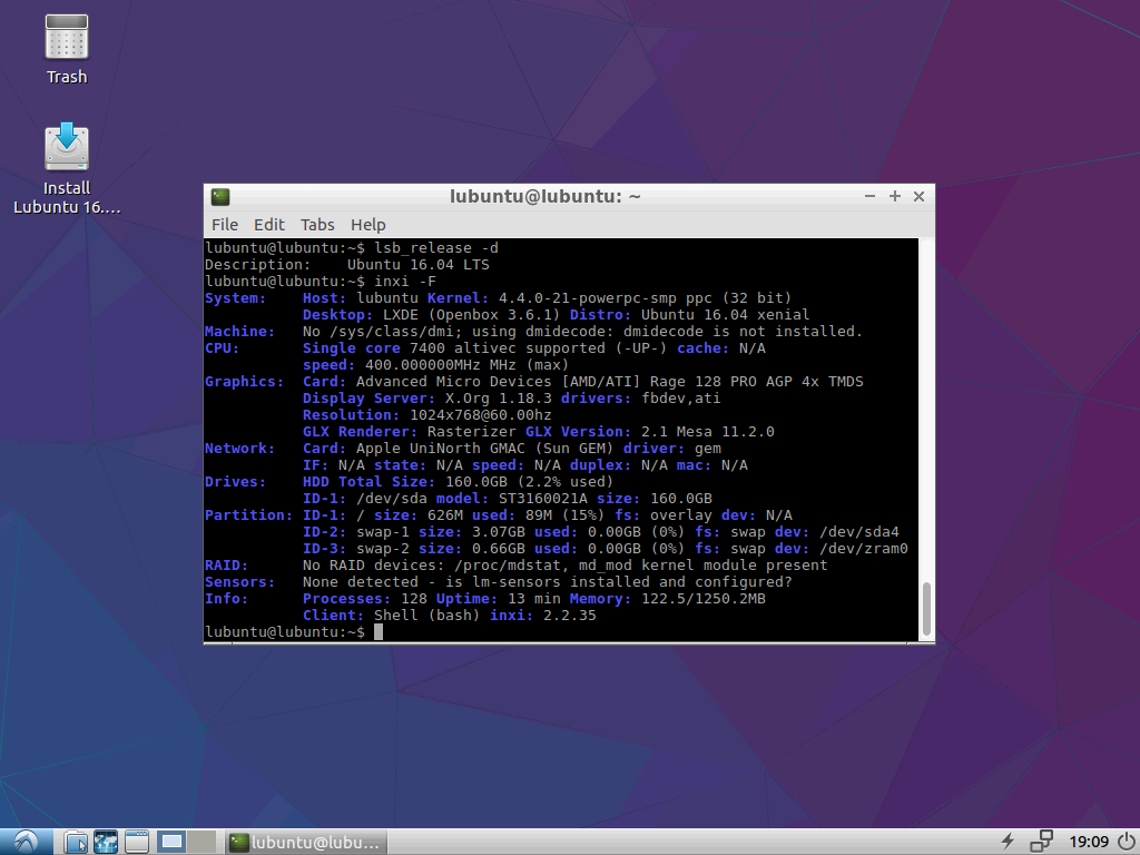 Lubuntu 16.04.3 Live-Session auf dem PowerMac G4
